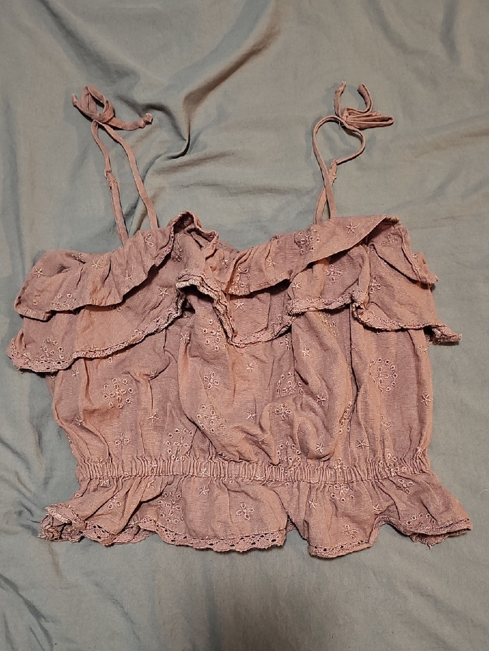 American Eagle Outfitters Mauve Ruffle Eyelet Tie-Strap Crop Top